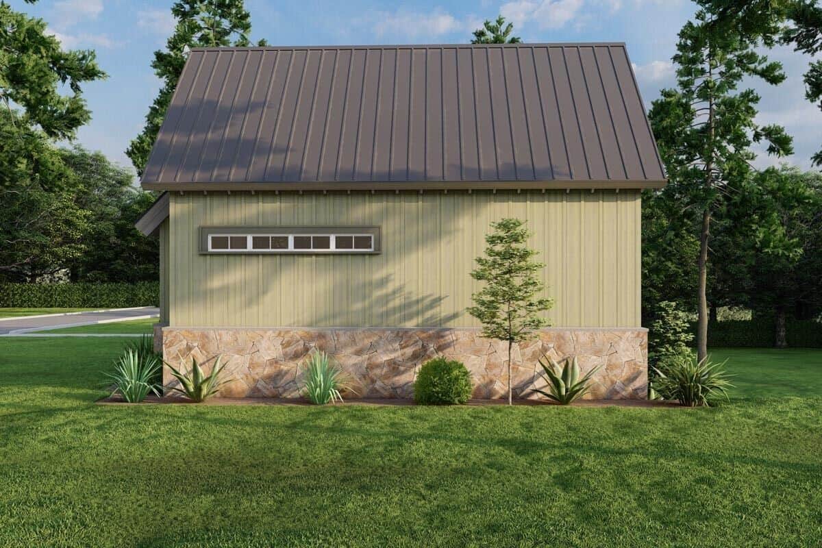 Right rendering with metal roof, vertical siding, and stone base.