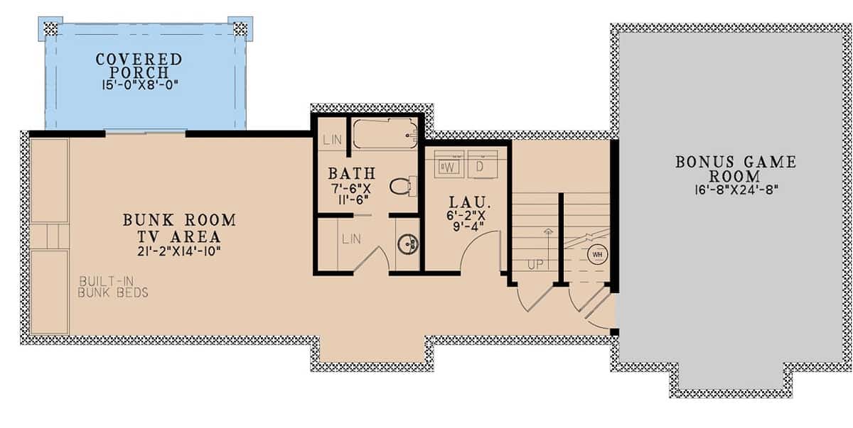 Lower level floor plan with bunk room, a shared bath, laundry room, and bonus game room.