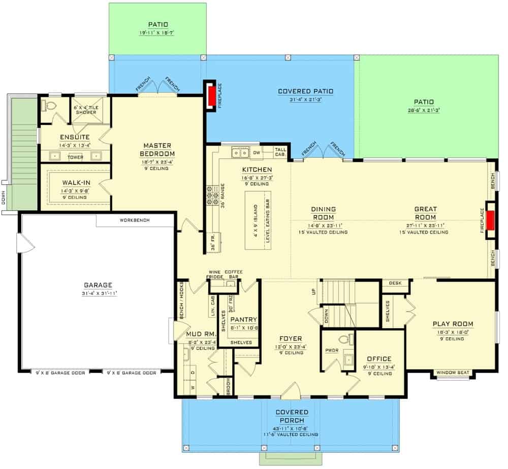 Main level floor plan of a New American 4-bedroom two-story farmhouse with front and rear porches, foyer, great room, dining room, kitchen, playroom, primary suite, and mudroom leading to the garage.