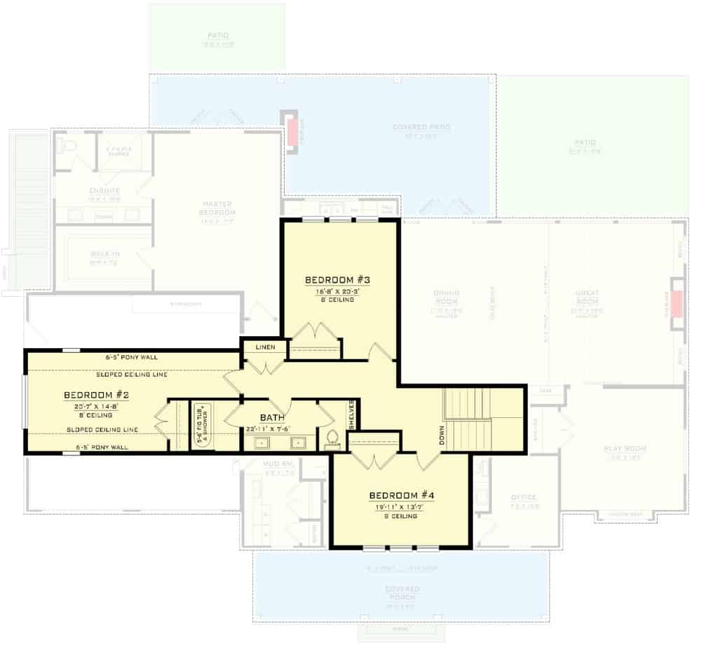 Second level floor plan with three bedrooms and a shared bathroom.