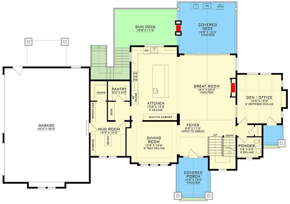 Main level floor plan of a two-story 3-bedroom mountain craftsman with a foyer, dining room, great room, den, kitchen, mudroom leading to the garage, and lots of outdoor space.