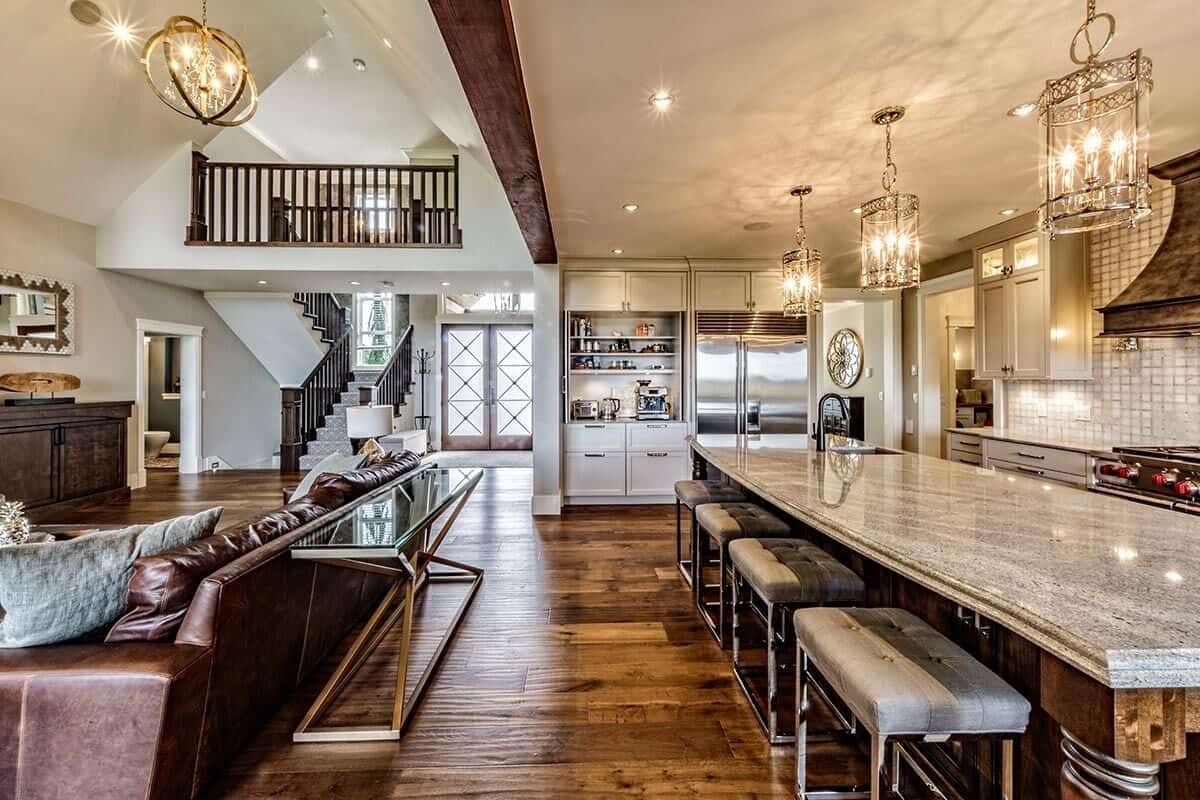 An oversized opening connects the great room and kitchen.