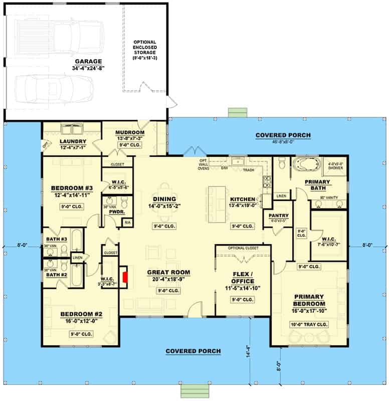 Main level floor plan of a 3-bedroom single-story Southern traditional home with great room, dining area, kitchen, home office, laundry room, mudroom leading to the rear garage, and a wraparound porch.