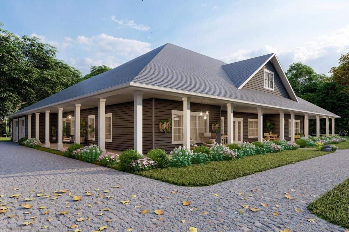 Front-left rendering showcasing the central gable and a wraparound porch bordered by white columns.