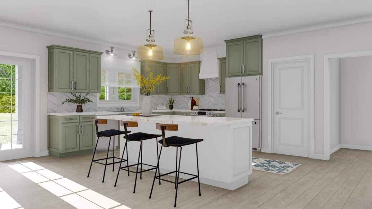The kitchen has sage green cabinets, marble countertops, and a breakfast island illuminated by warm drum pendants.
