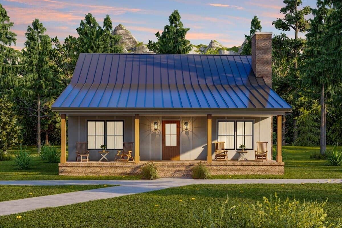 Front rendering with metal roof and a covered entry porch lined with wooden pillars.