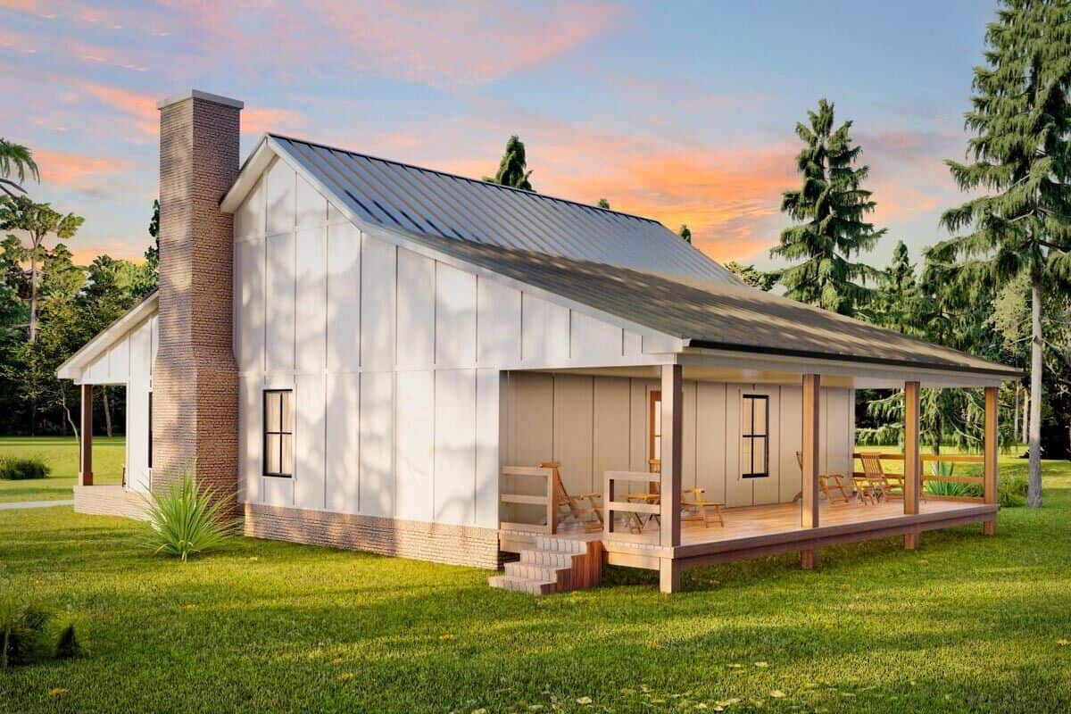 Right-rear rendering showcasing the brick chimney and covered porch.
