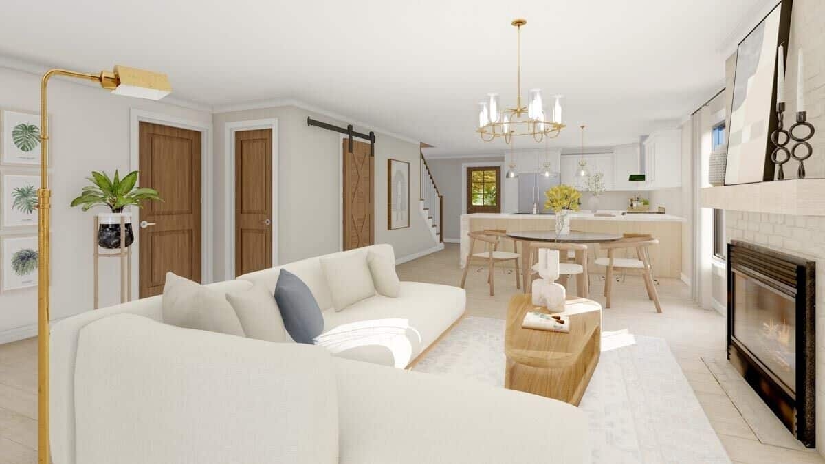 The living room has a fireplace and an L-shaped sofa paired with a wooden coffee table.