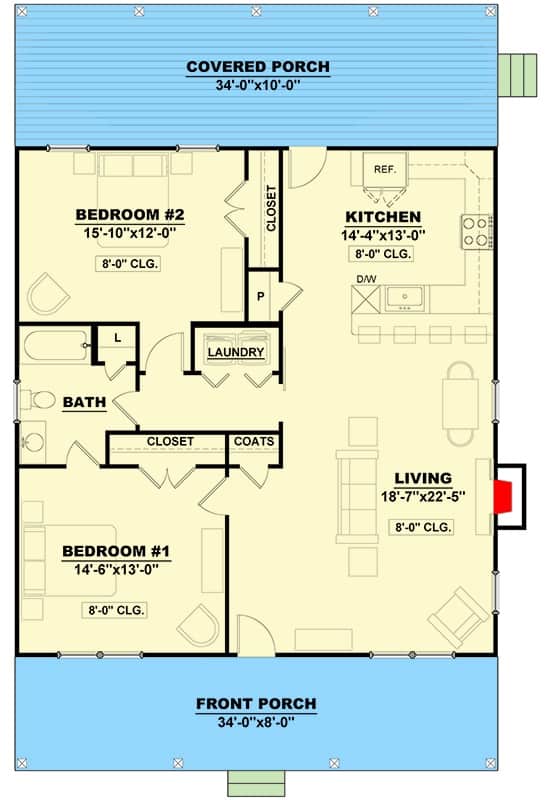 Main level floor plan of a single-story farmhouse style 2-bedroom cottage home with front and rear porches, living room, kitchen, laundry closet, two bedrooms, and a shared bathroom.