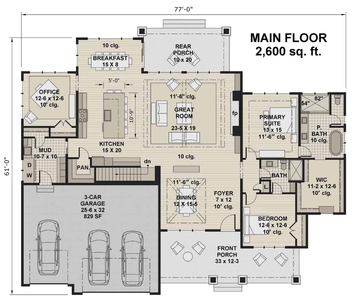 Main level floor plan of a 2-bedroom traditional style single-story River View home with foyer, dining area, great room, breakfast nook, two bedrooms, home office, and mudroom that opens to the garage.