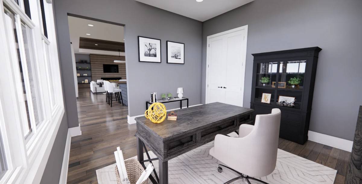 The home office has a wooden desk and a built-in closet concealed behind white double doors.
