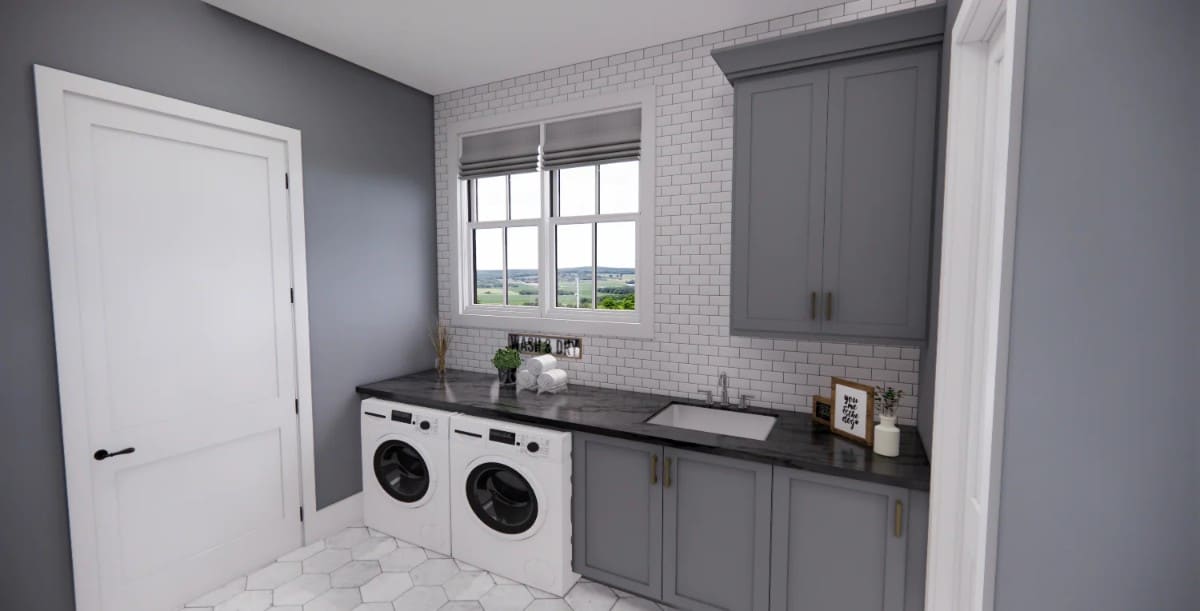 Mudroom with laundry appliances, a utility sink, and gray cabinets.