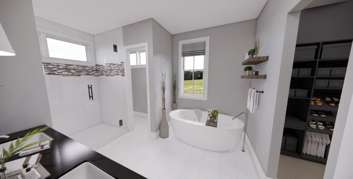 The primary bathroom offers a tiled shower, a toilet room, a freestanding tub, and a walk-in shower.