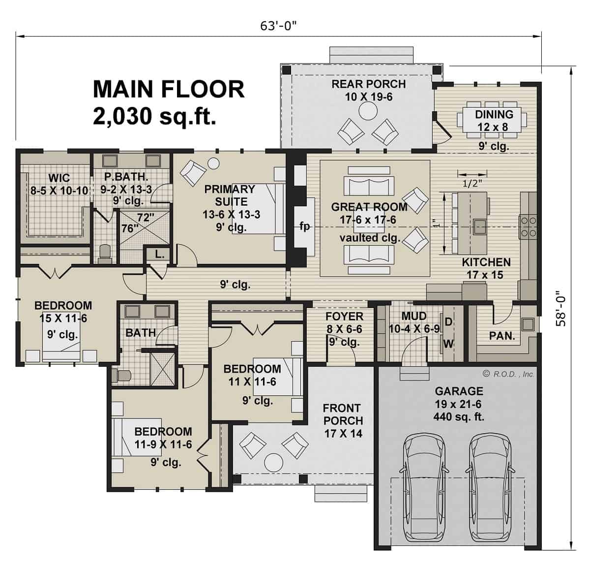 Main level floor plan of a 4-bedroom single-story White Tail Ranch with foyer, great room, kitchen, dining area, and mudroom leading to the garage.