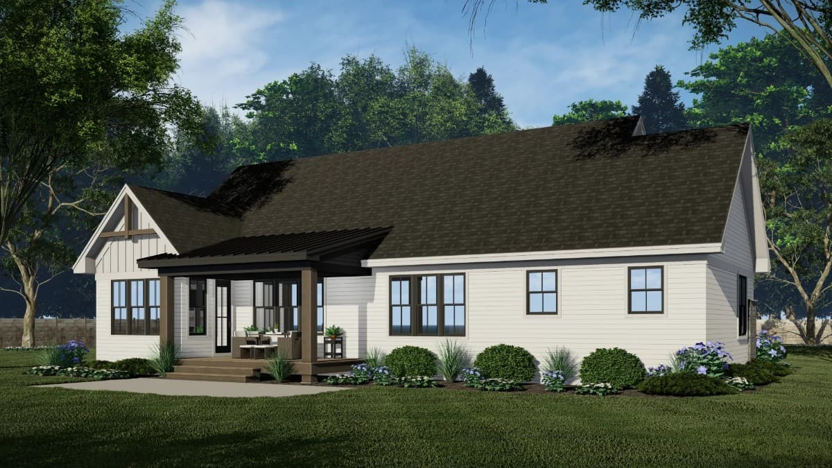 Rear rendering with a covered porch supported by wooden pillars.