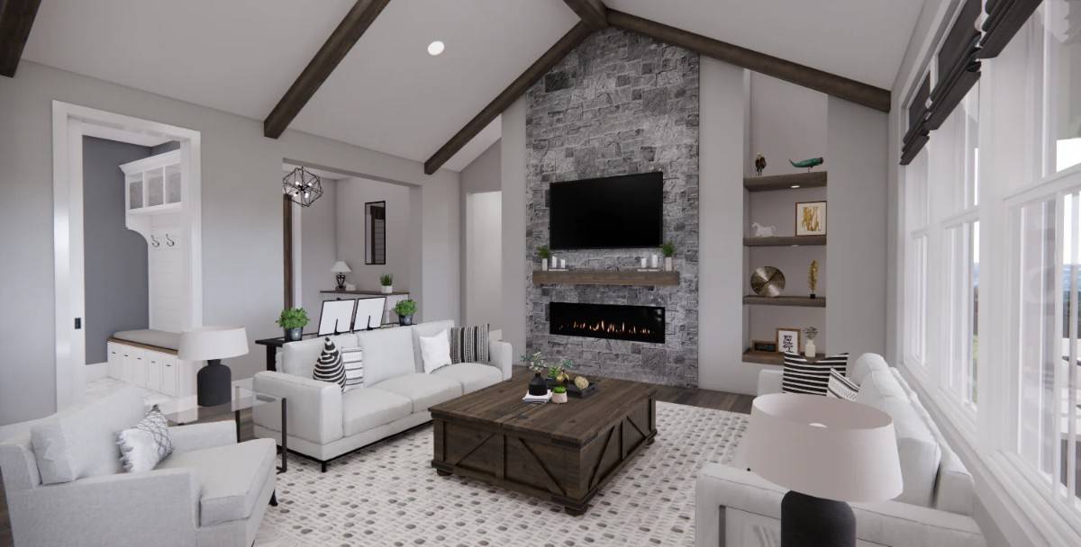 Great room with modern seats, a stone fireplace, and a cathedral ceiling framed with exposed wood beams.