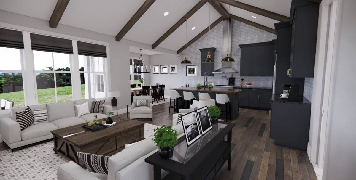 The great room opens completely to the kitchen and dining area.