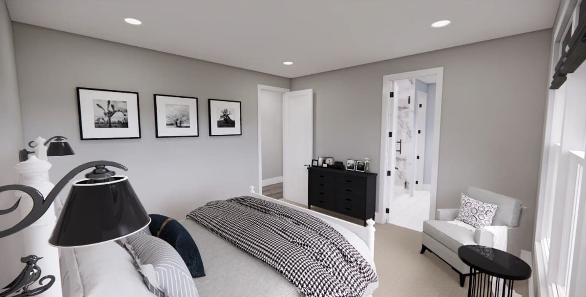 The primary bedroom includes a black dresser and a private bathroom.