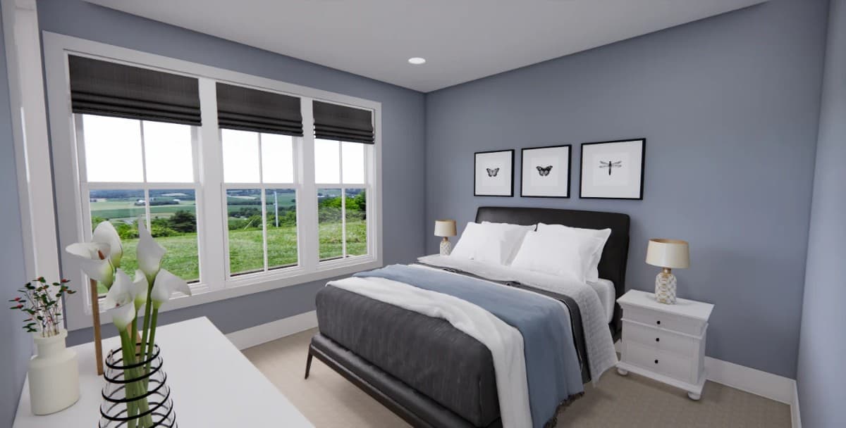 Third bedroom with light blue walls and a platform bed flanked by white nightstands.