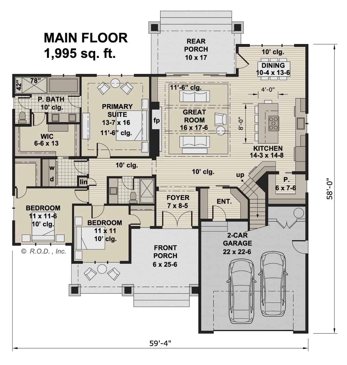 Main level floor plan of a 3-bedroom single-story Waterbury farmhouse with foyer, great room dining area, kitchen, three bedrooms, and mudroom leading to the double garage.