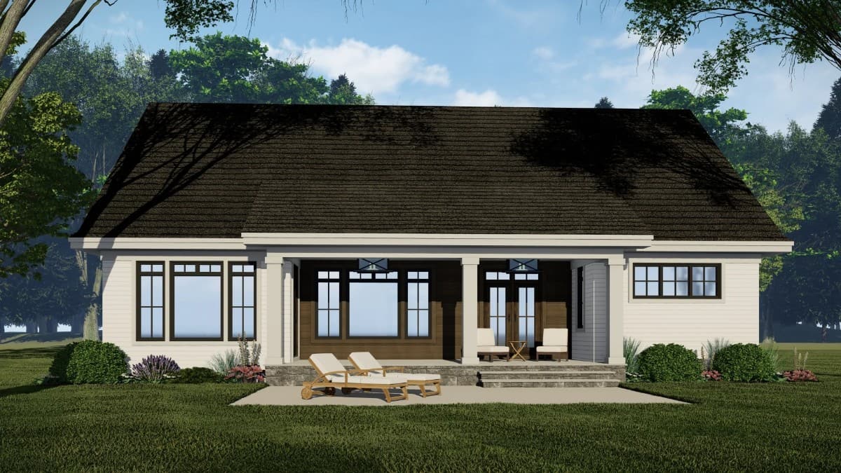 Rear rendering with a covered porch and a concrete patio.