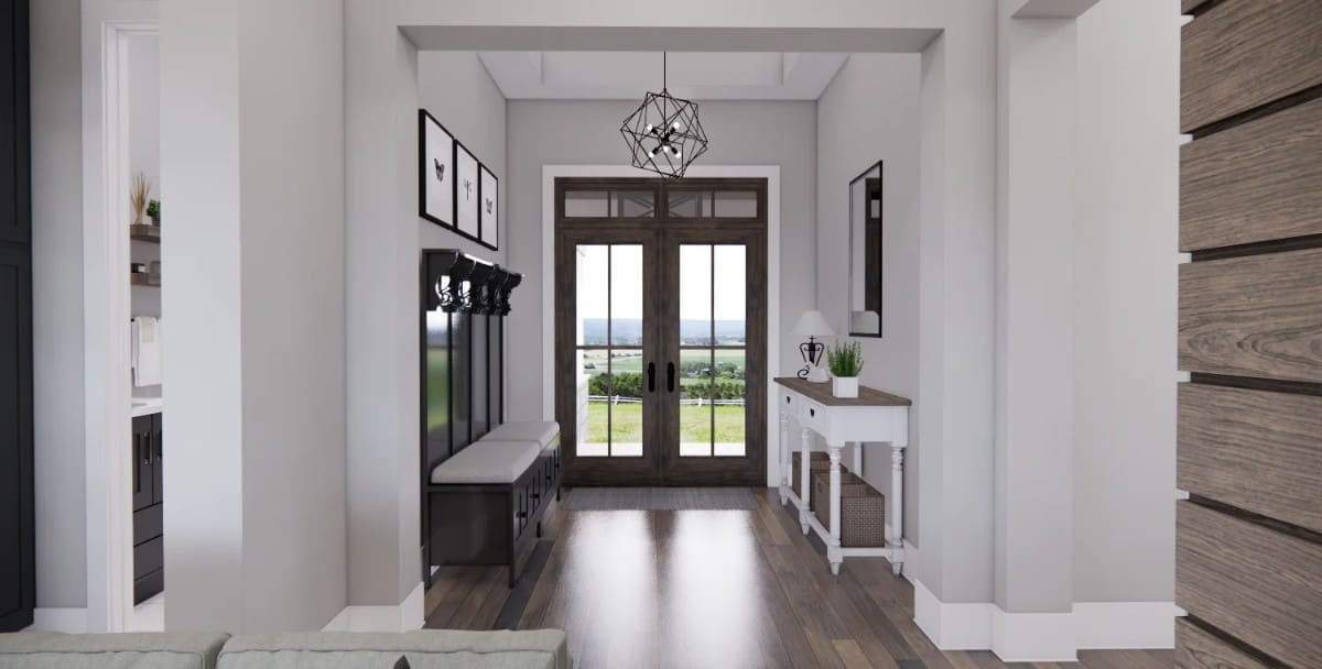 The foyer has a French front door, a wooden console table, and a coat rack with a bench.