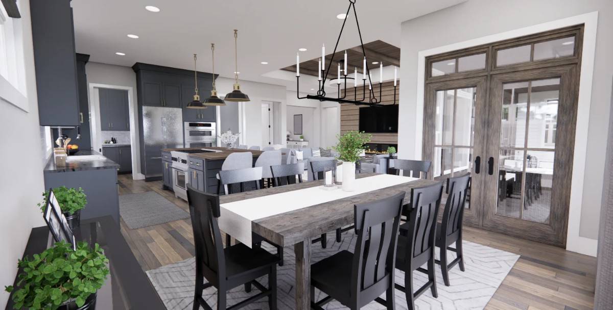 A French door extends the dining area onto a covered porch.