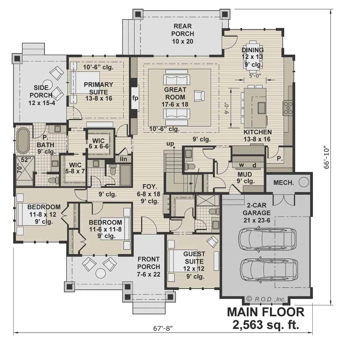 Main level floor plan of a single-story transitional style 4-bedroom Danbury Farmhouse with foyer, great room, kitchen, dining area, mudroom leading to the garage, and lots of outdoor space.