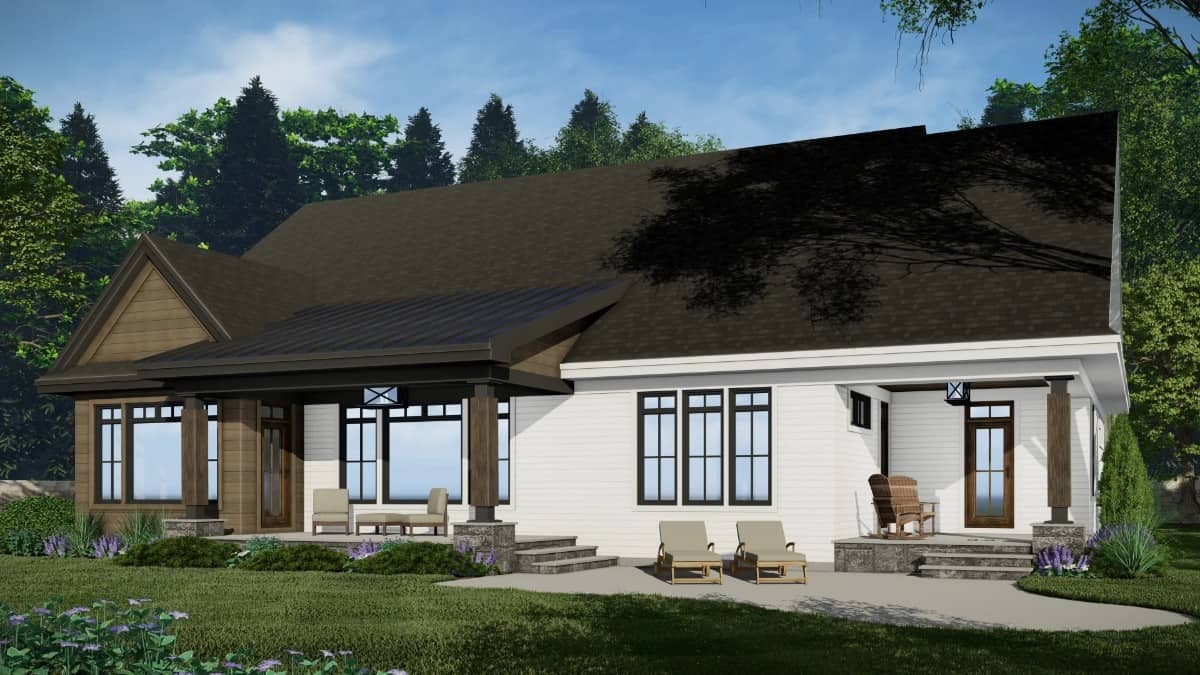 Rear rendering with covered porches and an open patio furnished with cushioned loungers.