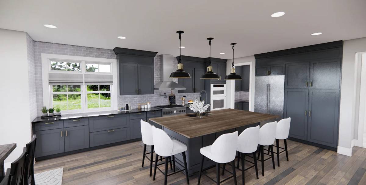 The kitchen offers plenty of storage and a large island fitted with a sink.