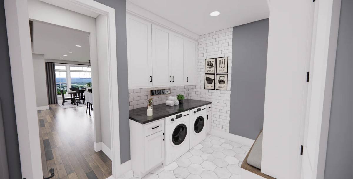 The mudroom includes laundry appliances over hex-tiled flooring.