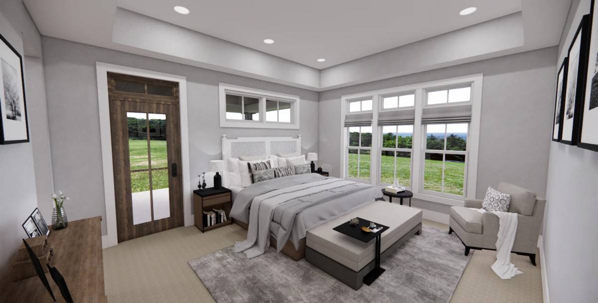 The primary bedroom features a tray ceiling and a private porch.