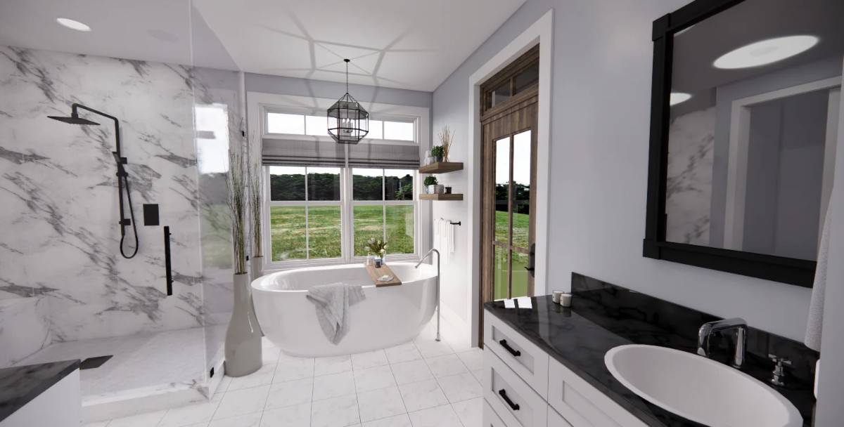 Primary bathroom with marble-top vanities, a walk-in shower, a freestanding tub, and direct access to the private porch.