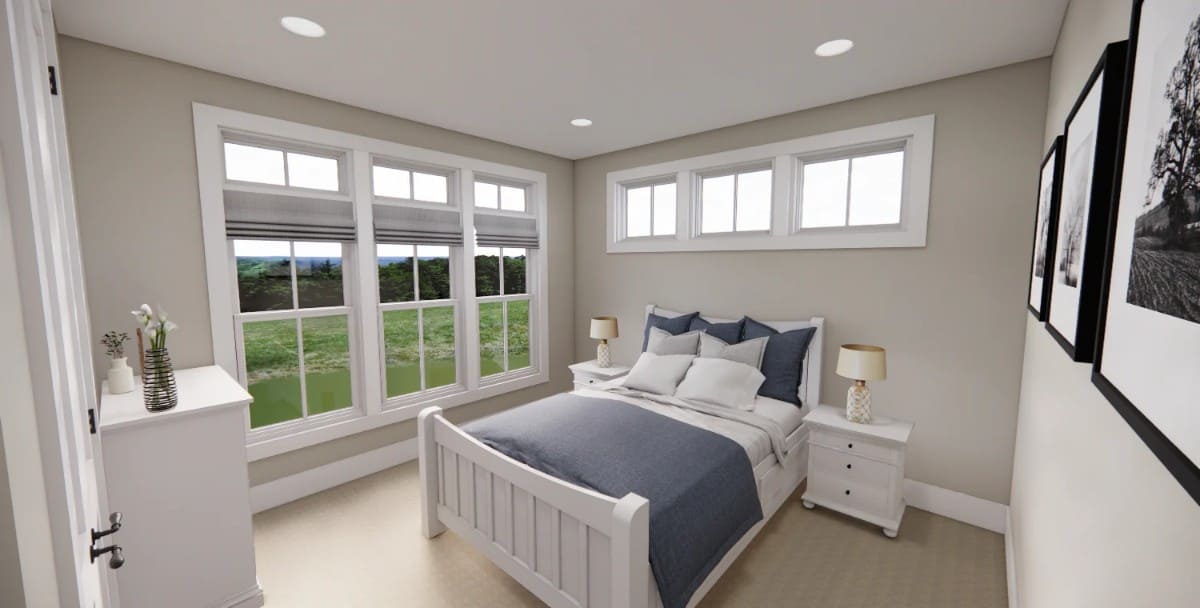 Clerestories and white framed windows bring an abundance of natural light into this bedroom.