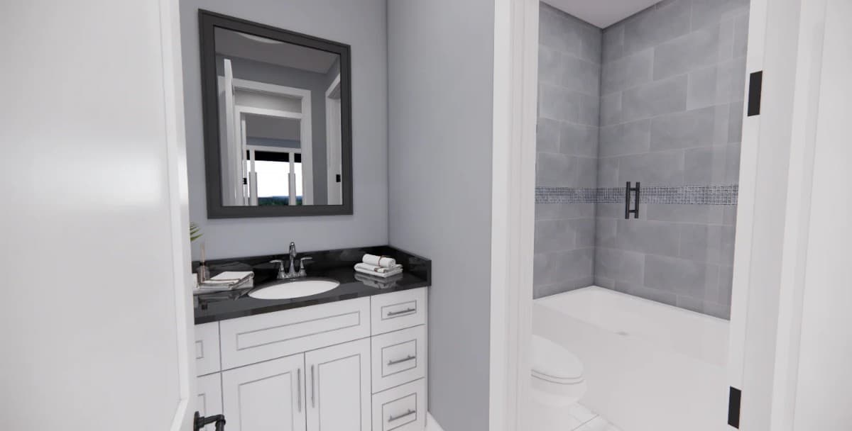 This bathroom offers a sink vanity and a wet room with a tub and shower combo.