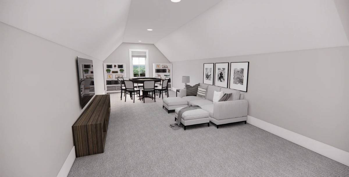 The bonus room is filled with an L-shaped sectional, a wall-mounted TV, and a billiard table.