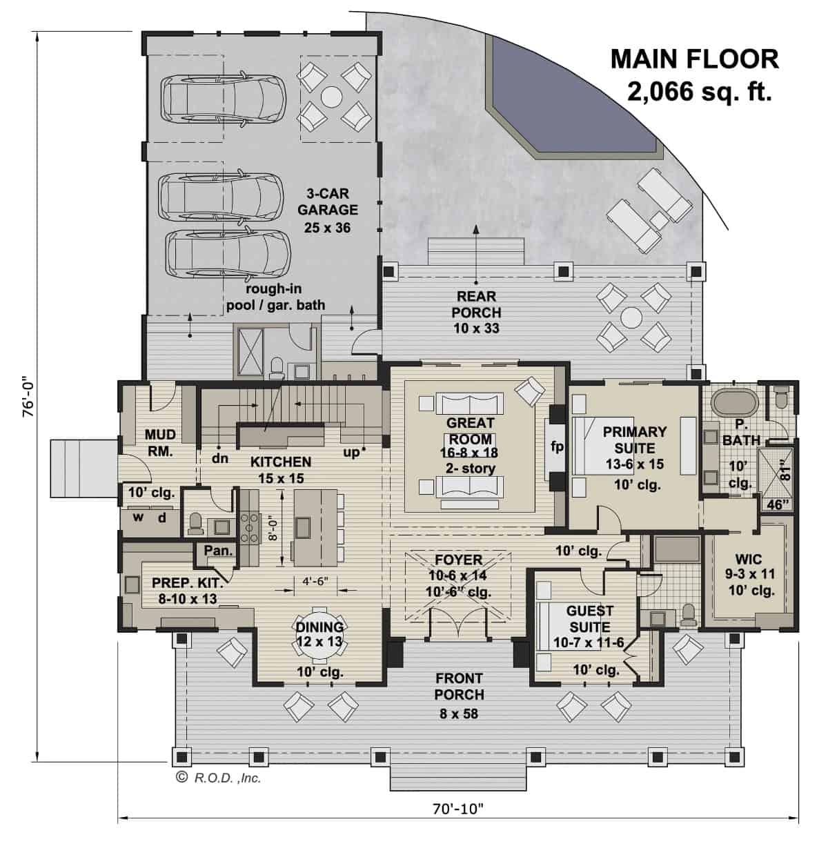 Main level floor plan of a 5-bedroom two-story Stone Haven modern farmhouse with foyer, great room, dining area, kitchen, two bedroom suites, and a mudroom that opens to the rear garage.