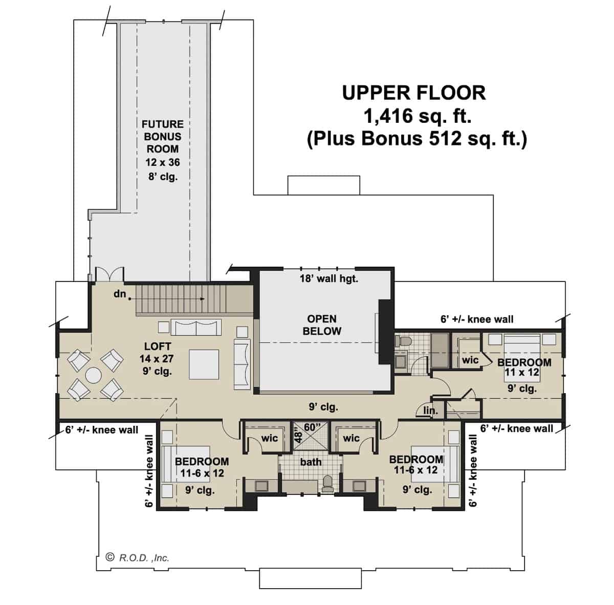 Second level floor plan with three bedrooms, two baths, a loft, and a future bonus room.