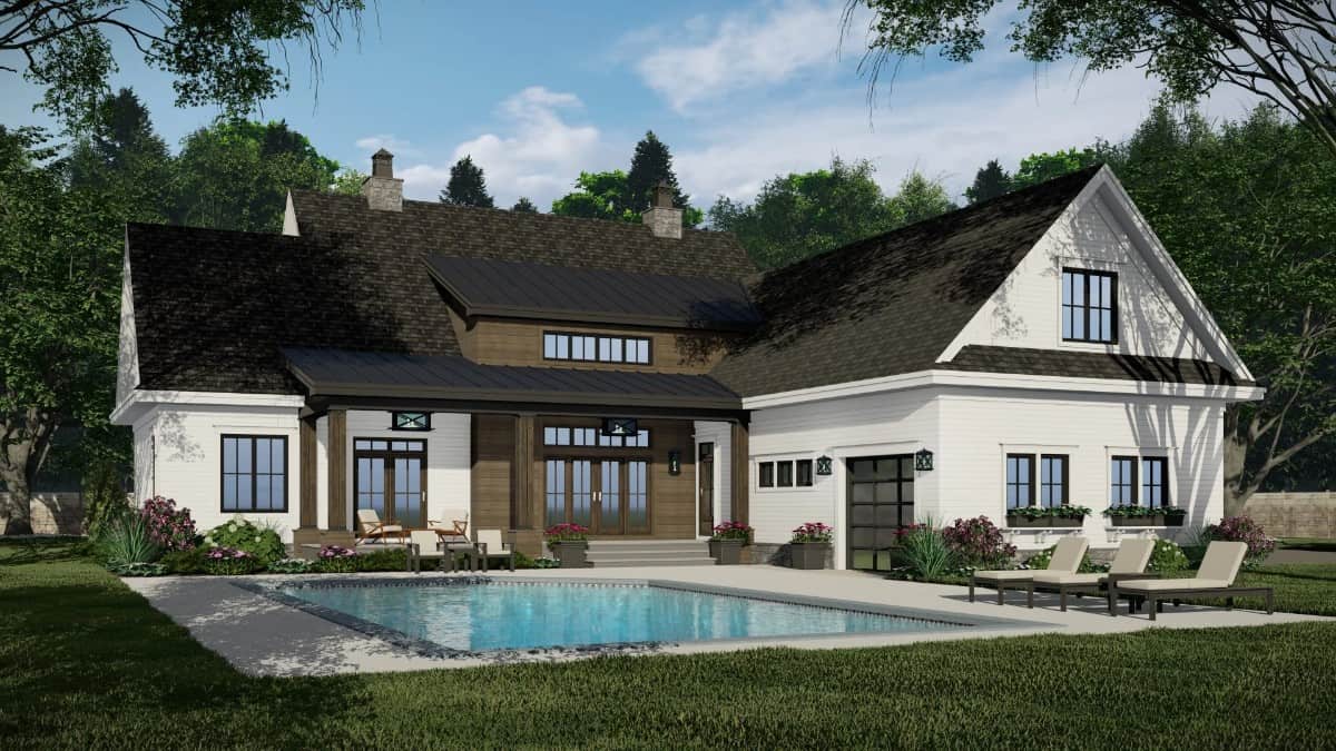 Rear rendering with a covered porch and a pool terrace.