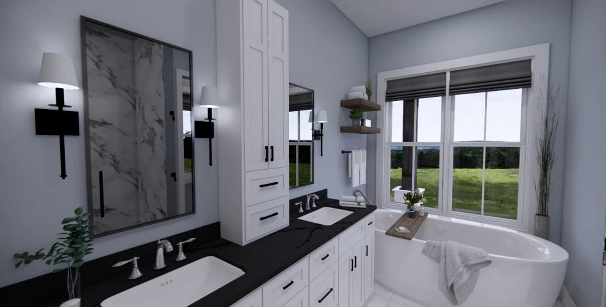 The primary bathroom has a freestanding tub and a dual sink vanity topped with a linen closet.