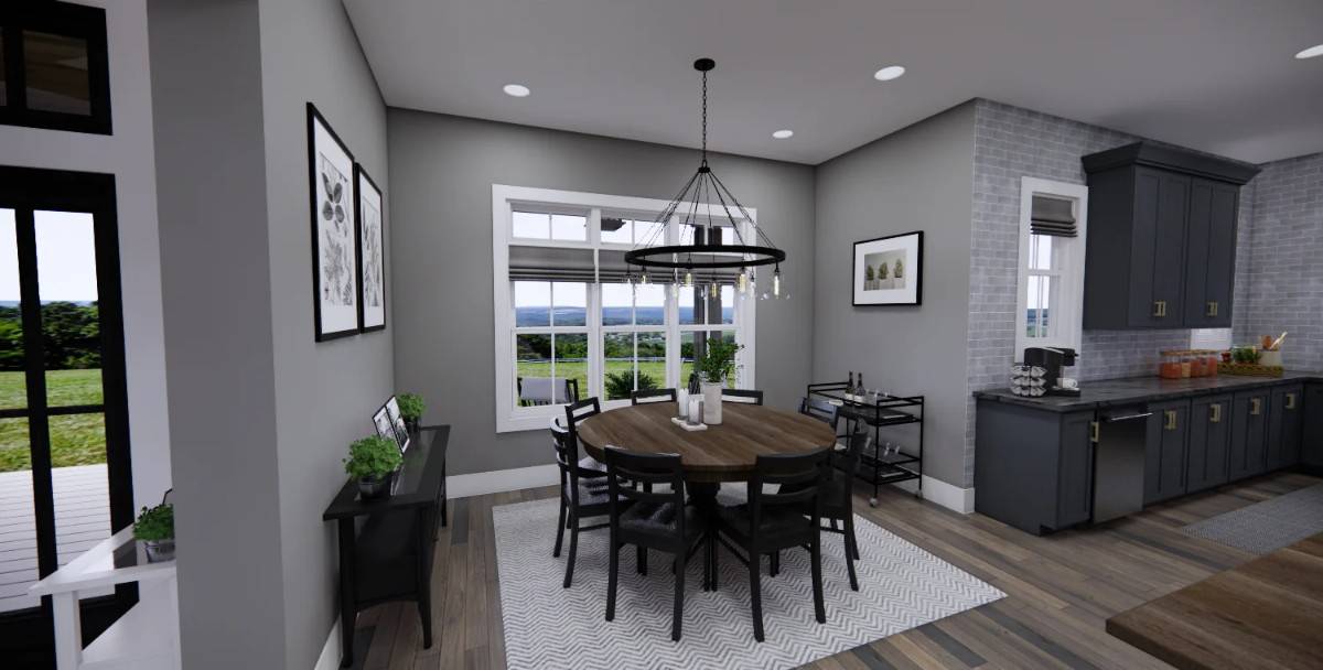 The dining area features a round dining set well-lit by a wrought iron chandelier.