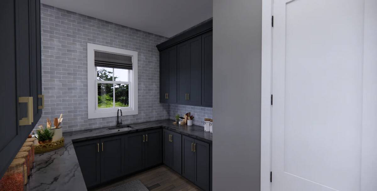 Prep kitchen with marble countertops, gray cabinets, and subway-tiled backsplash.