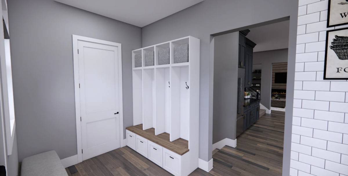 The mudroom has a cushioned bench and built-in storage.