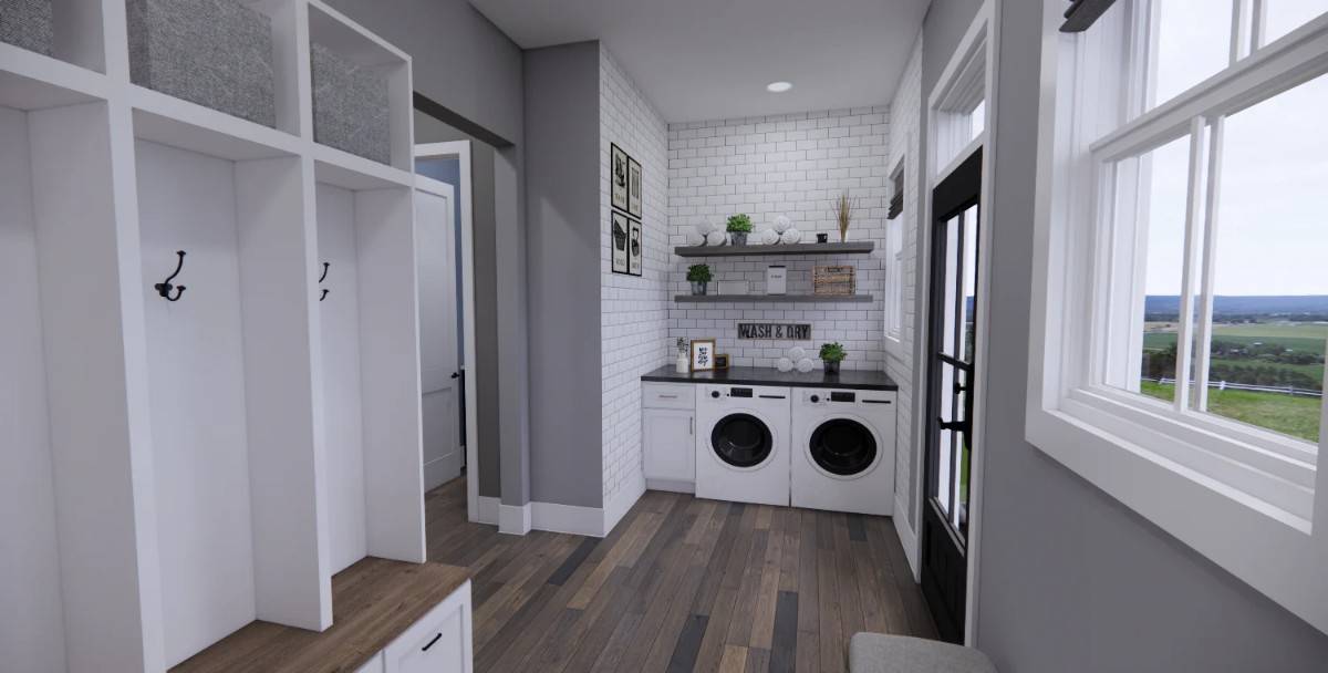 The mudroom includes laundry appliances and direct outdoor access.