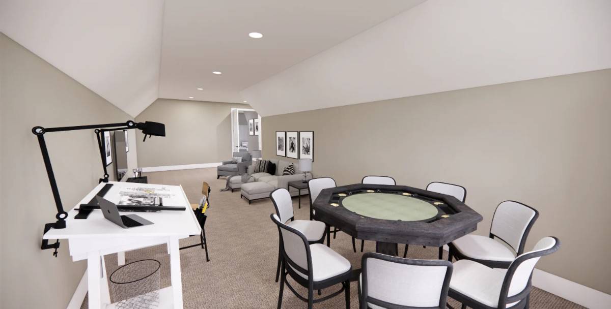A drawing desk and game table complete the recreation room.