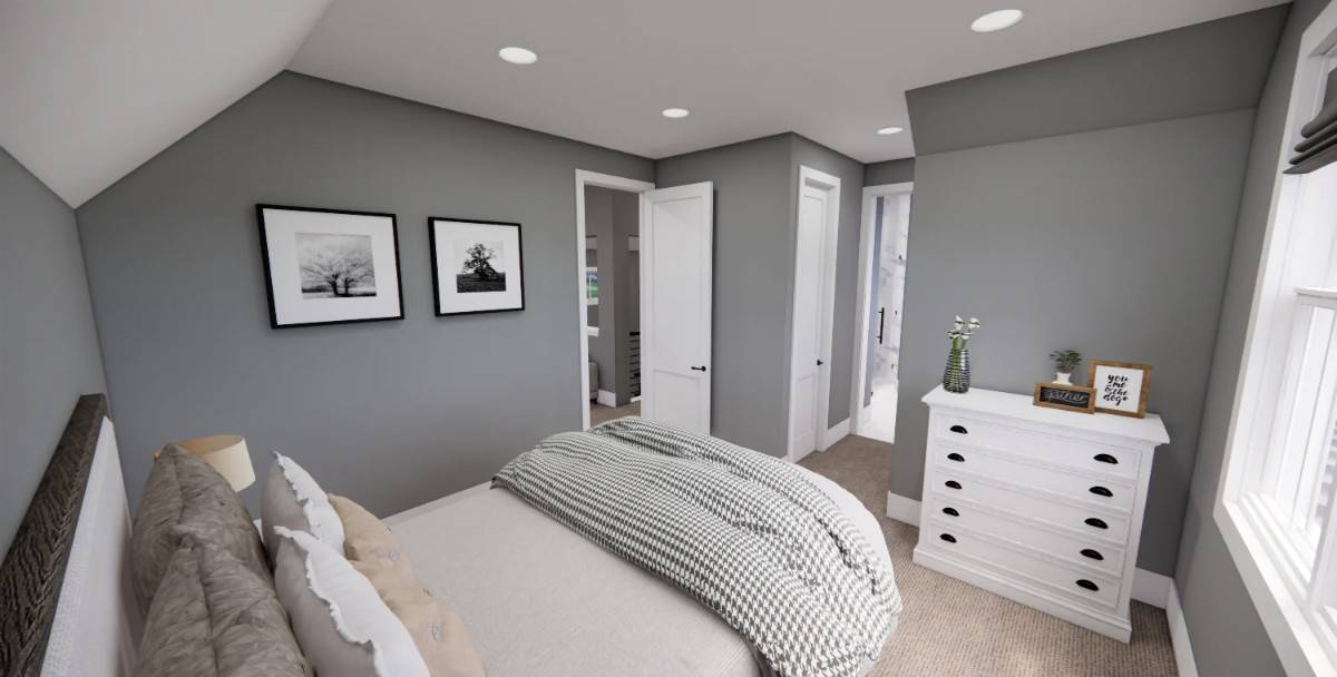 This bedroom has a wooden bed and a white dresser.