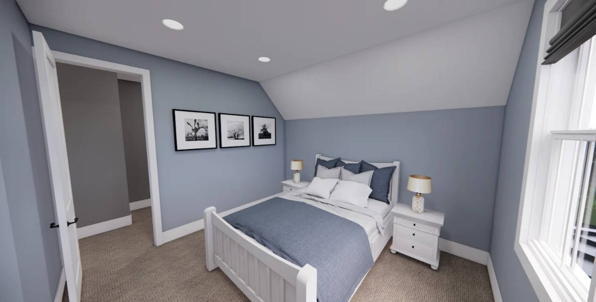 This bedroom features a light blue palette with white furnishings.
