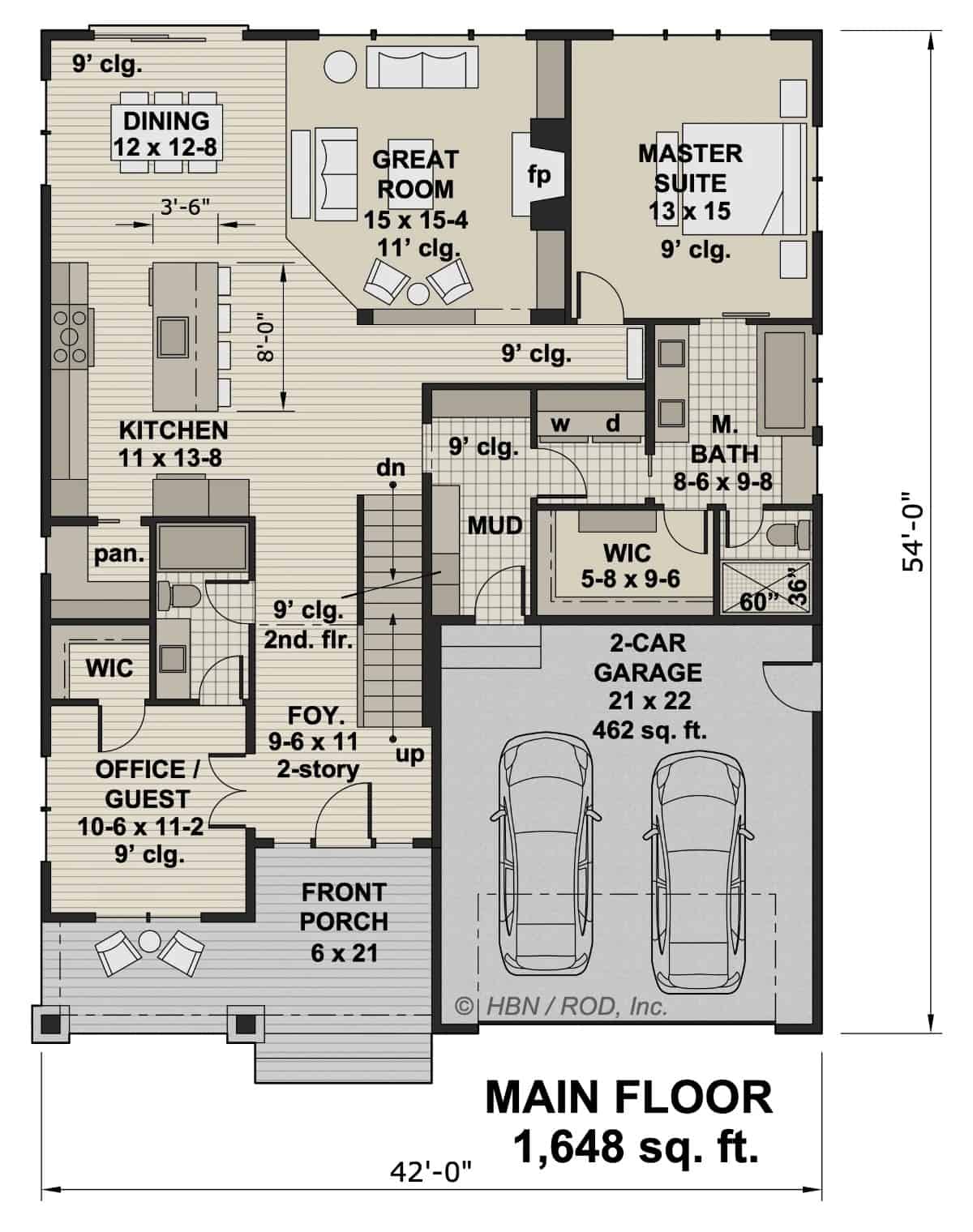 Main level floor plan of a two-story traditional 3-bedroom Jasper Creek home with foyer, great room, kitchen, dining area, office/guest, primary suite, and mudroom leading to the garage.