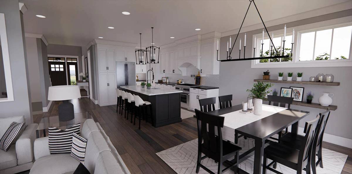 The dining area has a dark wood dining set, floating shelves, and clerestory windows.