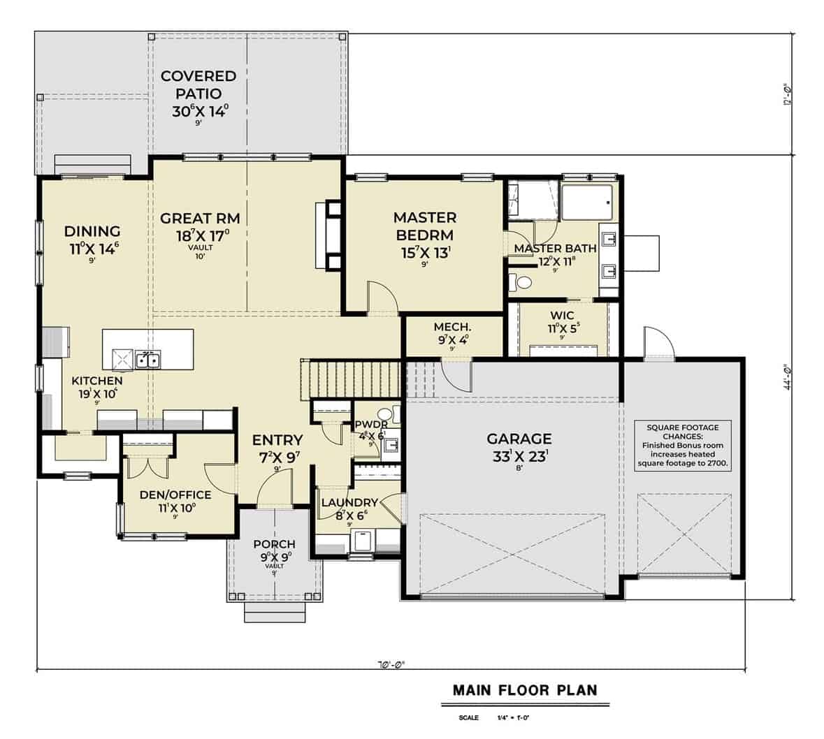 Main level floor plan of a country style two-story 4-bedroom craftsman home with foyer, great room, dining area, kitchen, den/office, primary suite, and laundry leading to the garage.